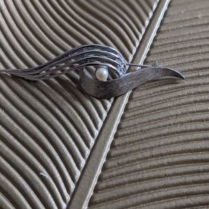 Vintage Modernist Boucher Silver Brooch with Pearl Accent